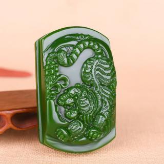 和田玉碧玉皮带扣生肖虎腰扣菠菜绿老虎腰带扣腰挂